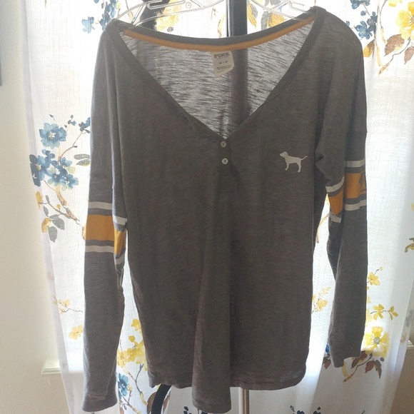 PINK Victoria's Secret • Grey Long Sleeve Stripe Yellow Henley Button Top XS - Picture 1 of 7